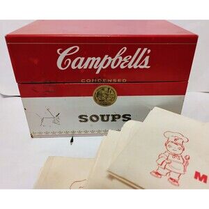 Vintage Campbell's Soup Recipe Box Metal Tin storage With Recipe Cards Vtg